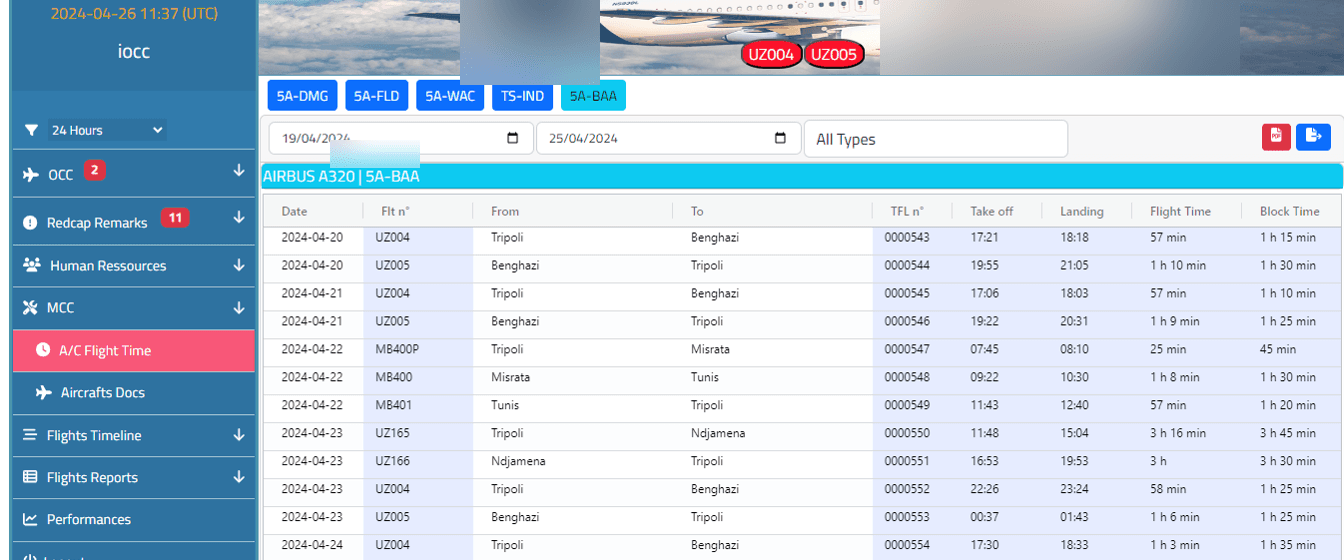 iSky Airline Operations Table showing real-time flight watch and status.