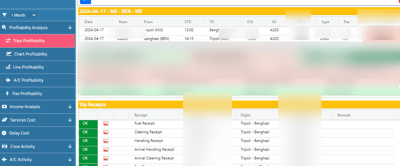 iSky Detailed Flight Financial Information View.